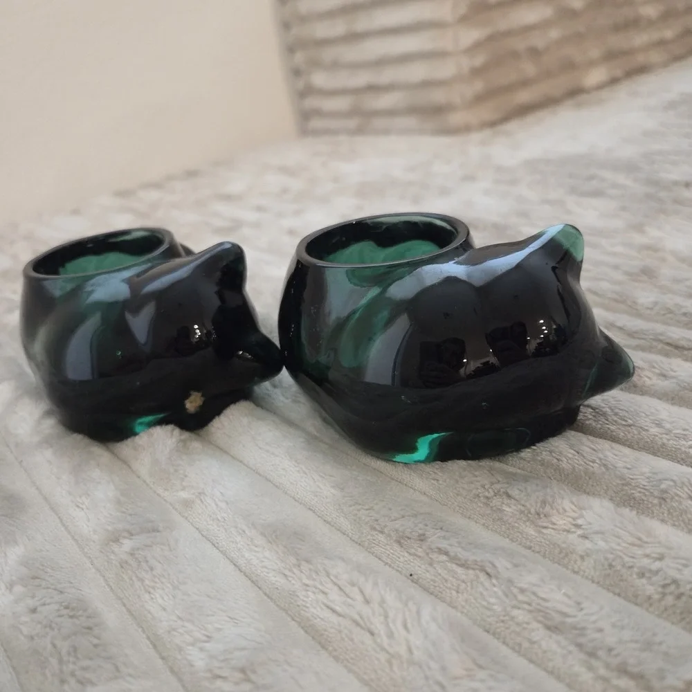 Lot of 2 Vintage Indiana Glass Emerald Green Sleeping Cat Votive Candle